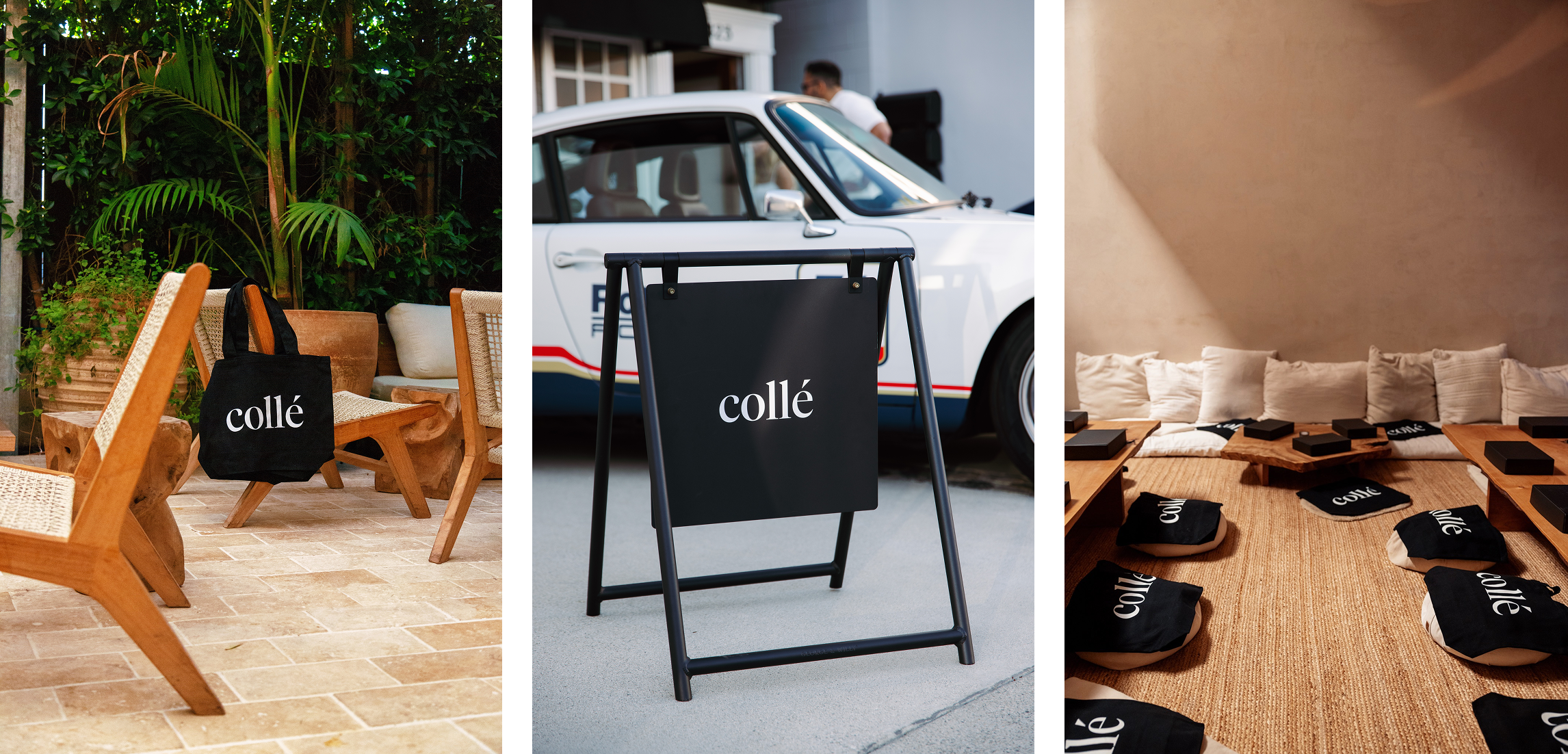 Collé totes, signage, and community gathering spaces